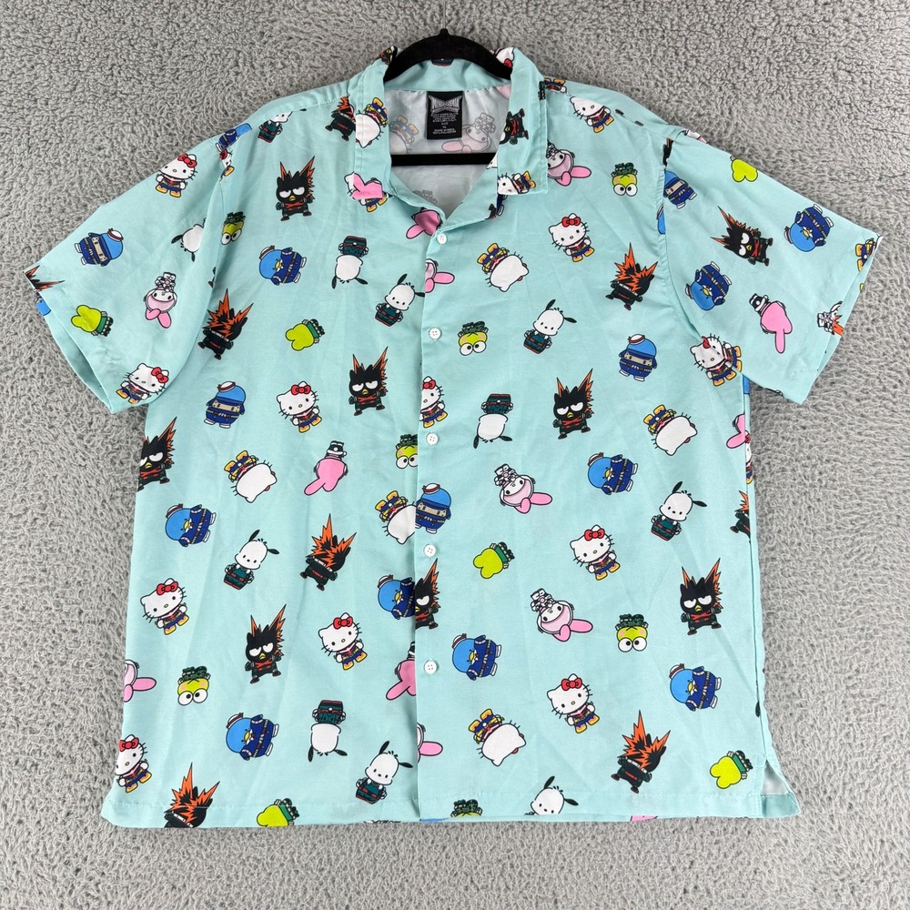 My Hero Academia x Sanrio Hello Kitty Button Up Shirt Mens XL Teal All Over